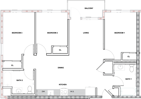 A floor plan of a house with three bedrooms, a living room, a dining room, a kitchen, and two bathrooms.